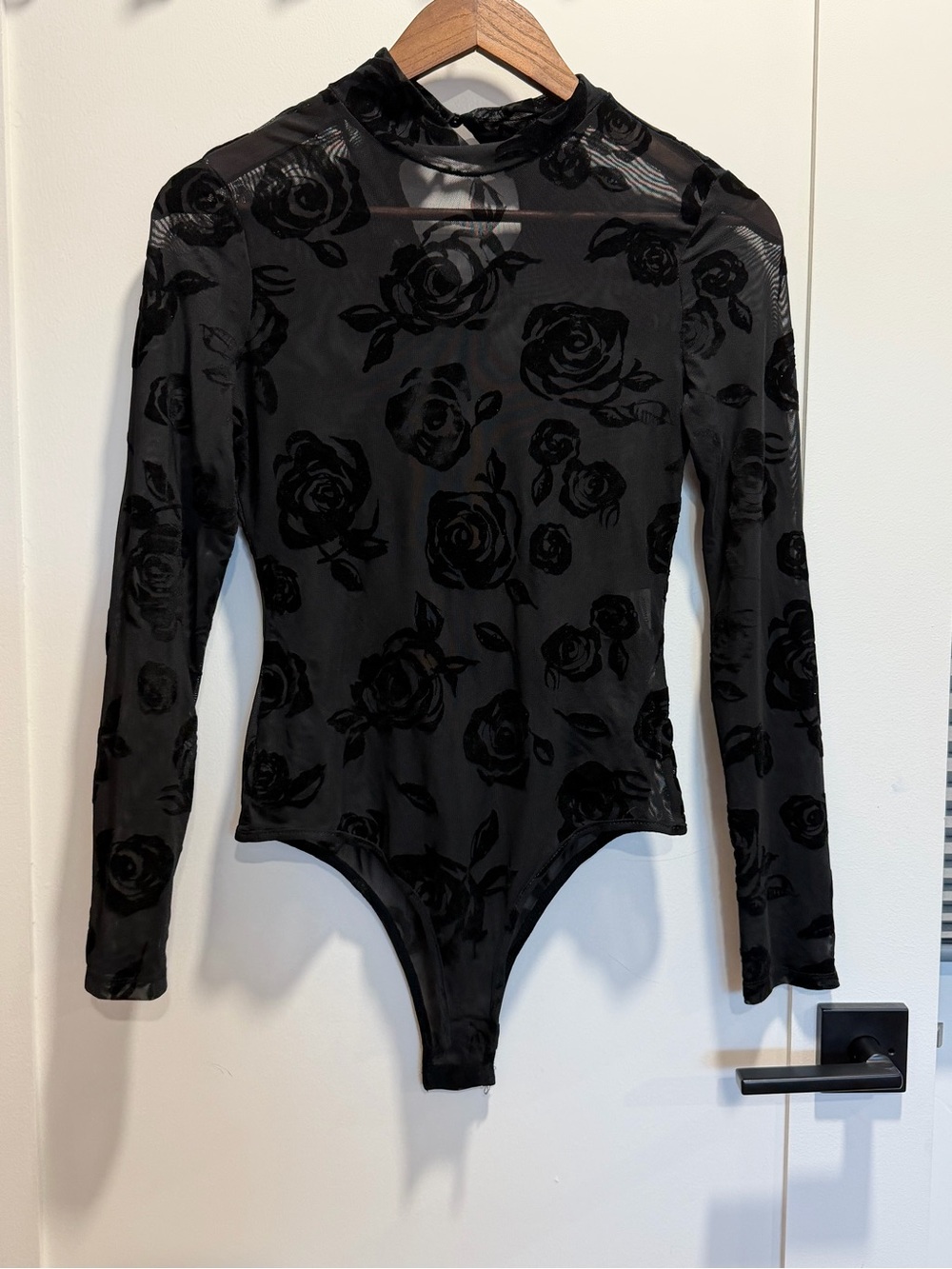 SHEIN Black Flocked Floral Mesh Long-Sleeve Bodysuit